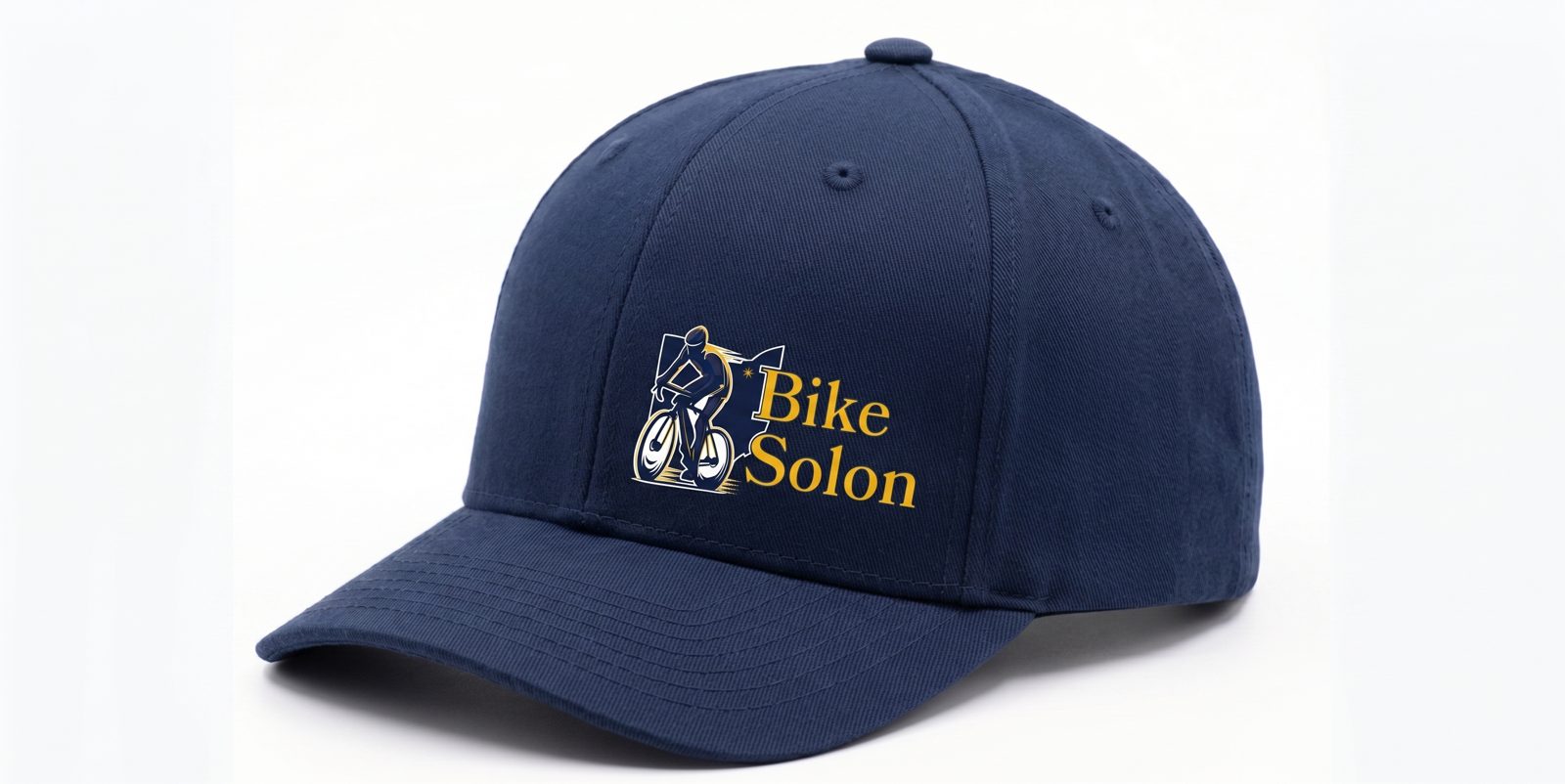 Mockup of a navy Bike Solon Flexfit cap with the cyclist logo printed on the front panel in navy and gold