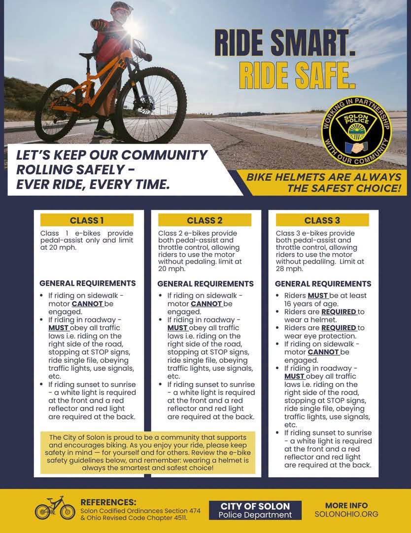 Solon Police Department 'Ride Smart. Ride Safe.' e-bike safety infographic, showing a young rider on an e-bike and breaking down Class 1, 2, and 3 e-bike speed limits and requirements. Full text is transcribed below.