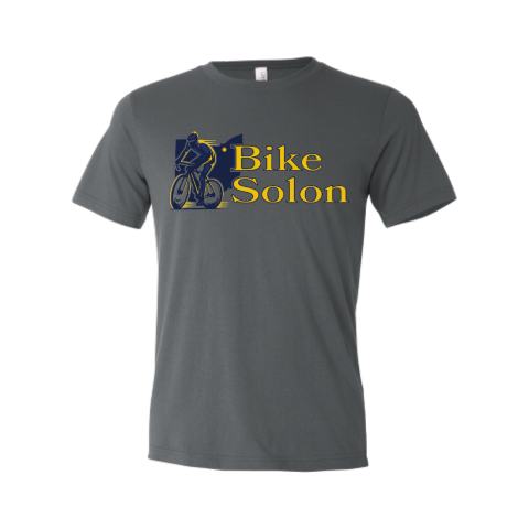 Gray Bike Solon logo tee with a navy and gold cyclist graphic and Bike Solon wordmark on the chest