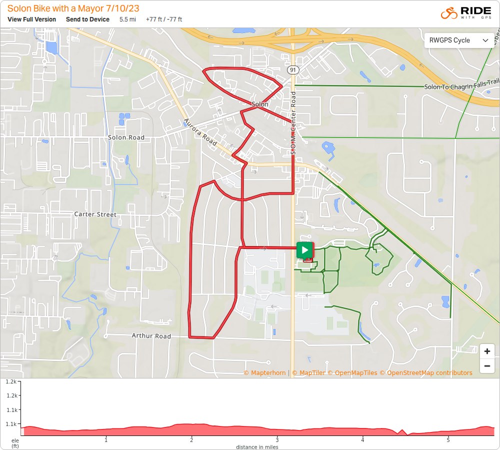 RideWithGPS map and elevation profile for the 2023 Bike With a Mayor route, a 5.5 mile loop through Solon neighborhoods starting and ending at the Solon Community Center