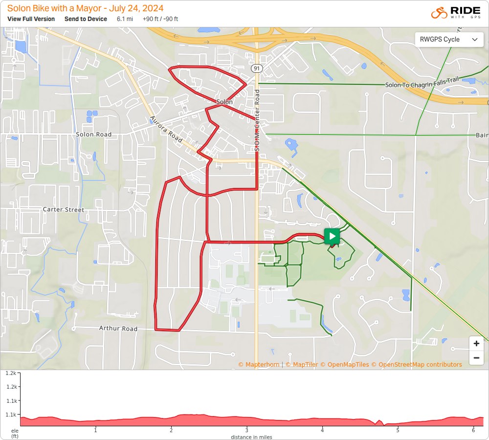 RideWithGPS map and elevation profile for the 2024 Bike With a Mayor route, a 6.1 mile loop through Solon neighborhoods starting and ending at the Solon Community Center