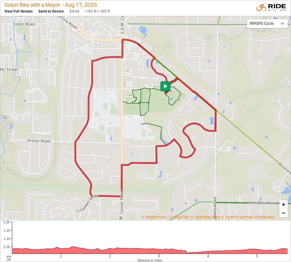 RideWithGPS map and elevation profile for the 2025 Bike With a Mayor route, a 5.6 mile loop through Solon neighborhoods starting and ending at the Solon Community Center