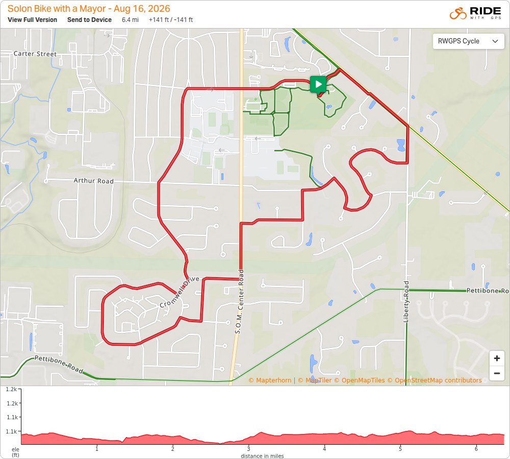 RideWithGPS map and elevation profile for the 2026 Bike With a Mayor route, a 6.4 mile loop through Solon neighborhoods starting and ending at the Solon Community Center