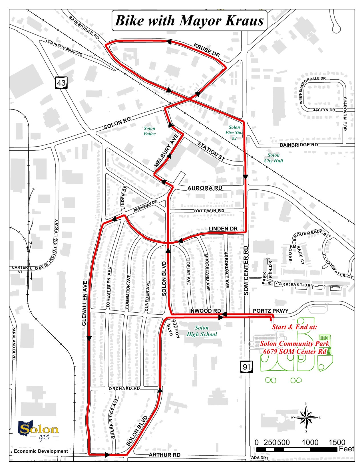 Annotated map of a Bike With a Mayor ride route through Solon, Ohio neighborhoods, starting and ending at the Solon Community Center