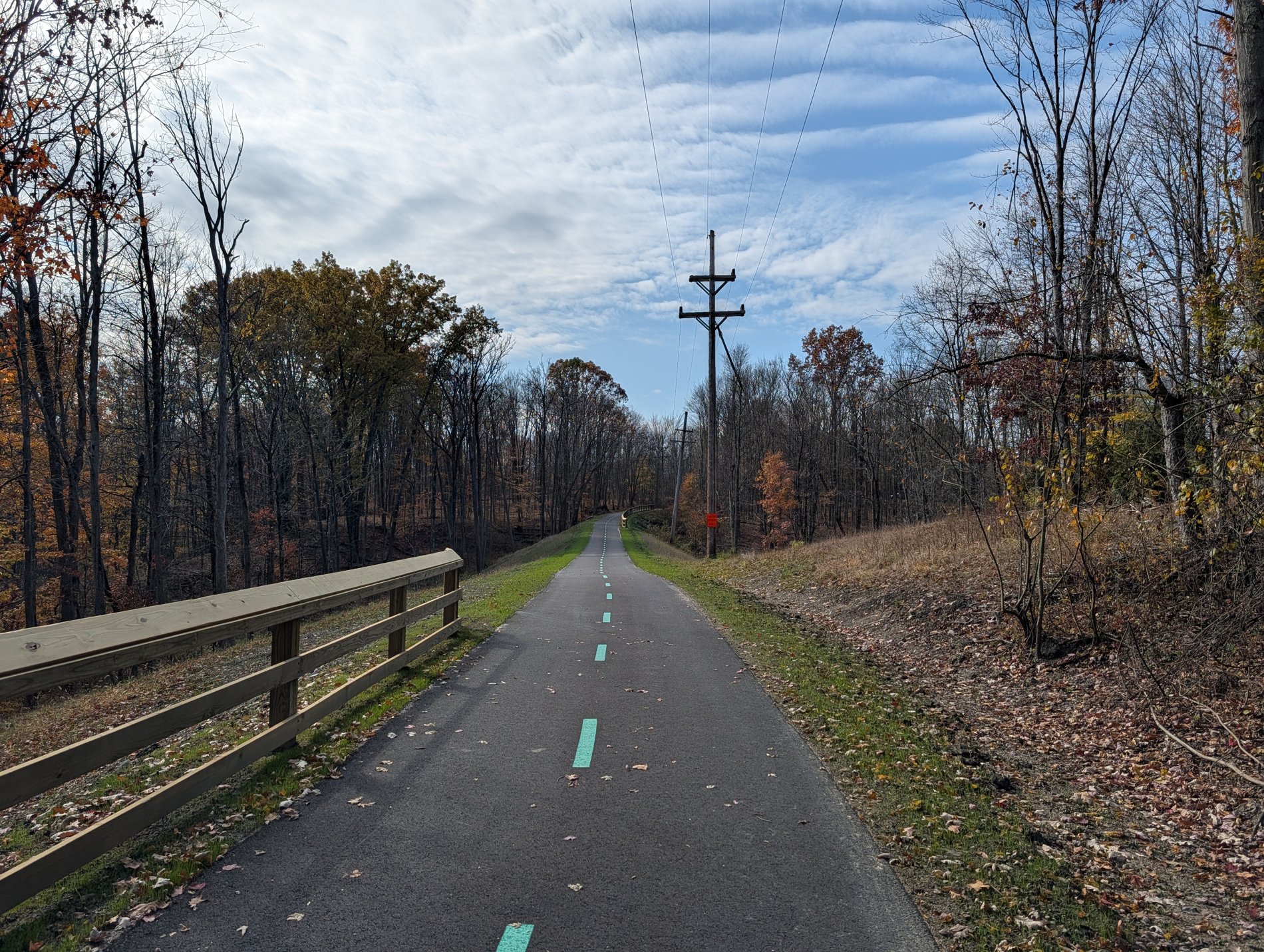A paved, marked trail through autumn woods along the South Chagrin Reservation, part of Phase 1 of the Solon to Chagrin Falls trail connector