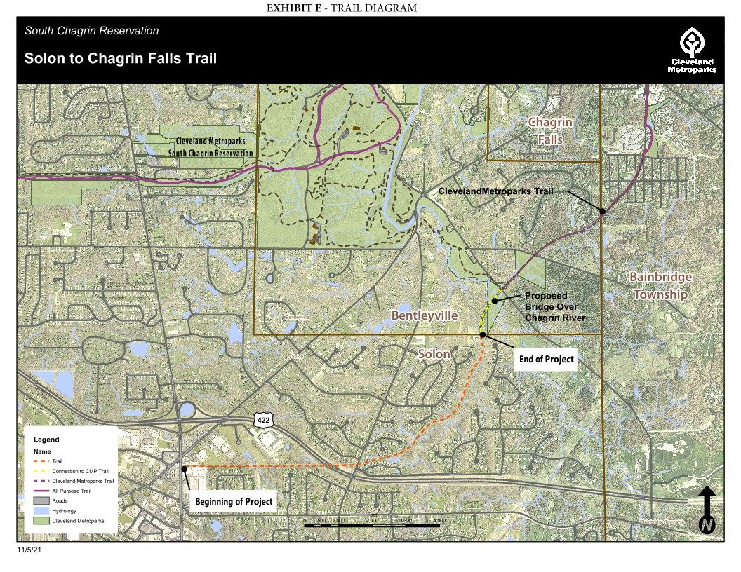 Cleveland Metroparks exhibit map showing the proposed Solon to Chagrin Falls trail, starting near US-422, with a proposed bridge over the Chagrin River connecting to the existing Metroparks trail network toward Chagrin Falls